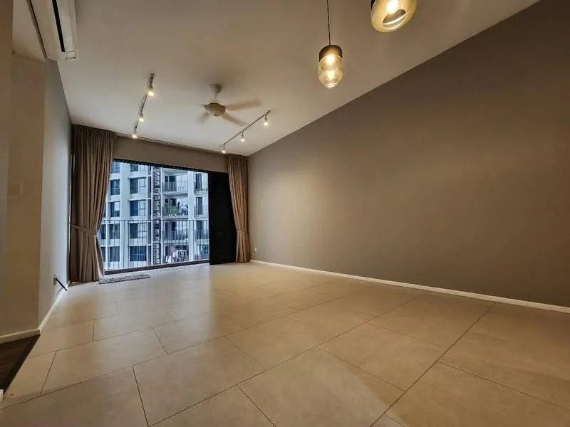 Living features: light-colored tile flooring, grey accent wall, floor-to-ceiling windows, sheer curtains, 5-blade ceiling fan, recessed LED downlights, pendant light, open layout; style: modern; view: city.