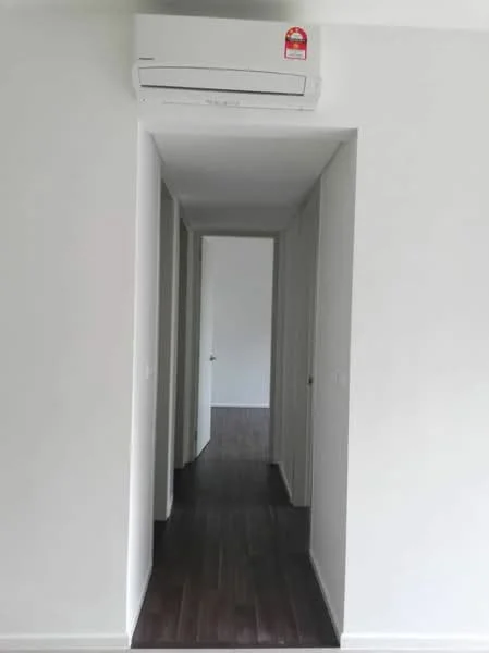 Hallway features: white painted walls, dark wood flooring, 1 wall-mounted split AC, doorway leading to other rooms, neutral color scheme; style: modern.