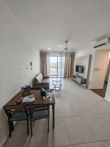 Living features: light-colored painted walls, tile flooring, 5-blade ceiling fan with light, sofa in beige fabric, coffee table, wall-mounted TV, TV console, floor-to-ceiling sliding glass door, curtains, dining table with 4 chairs, decorative items on table; style: modern; view: city.