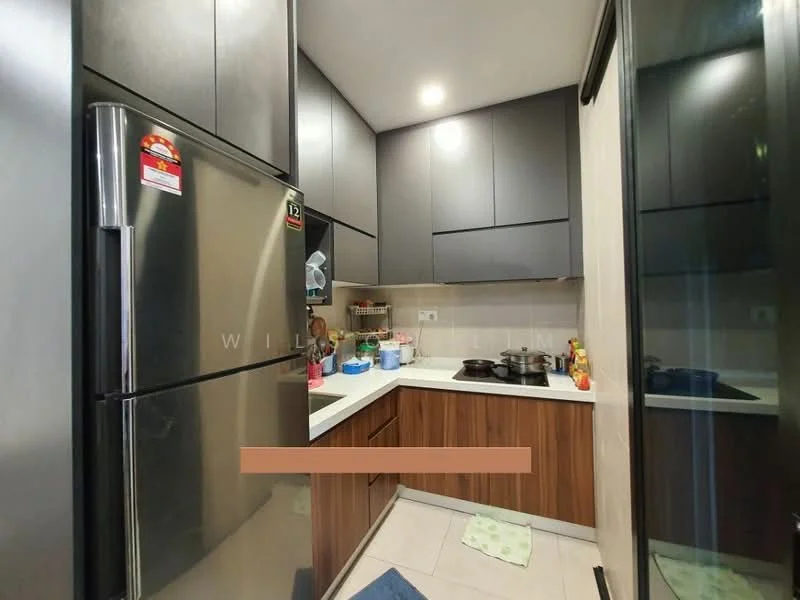 Kitchen features: stainless-steel fridge, dark grey cabinetry, wooden lower cabinets, white countertop, built-in stove, wall-mounted hood, ceramic tile flooring, sink, kitchen utensils on countertop, multiple cooking pots, kitchen mat, wall-mounted shelves; style: modern.