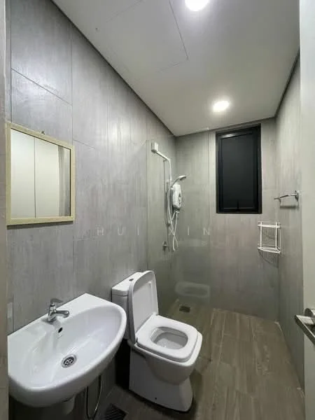 Bathroom features: grey tiled walls, light grey tile flooring, single-sink vanity with chrome faucet, one-piece toilet, shower area with glass partition, wall-mounted shower head, framed mirror, recessed ceiling lights, black window, towel rack; style: modern.