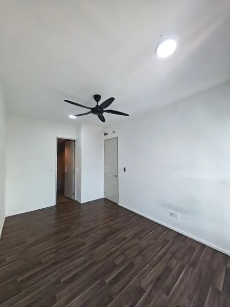Room features: white painted walls, wooden flooring, 5-blade ceiling fan, recessed downlights, door leading to hallway, door leading to another room.