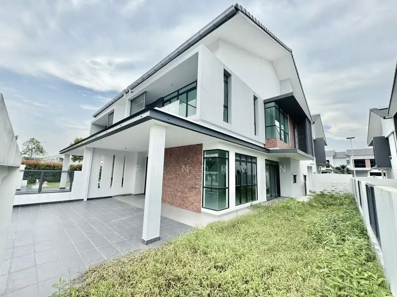 Exterior type: semi-detached house; features: white painted facade, exposed brick accents, large glass windows, flat roof, two-storey structure, manicured lawn, paved walkway, outdoor patio area, surrounded by greenery; style: modern.