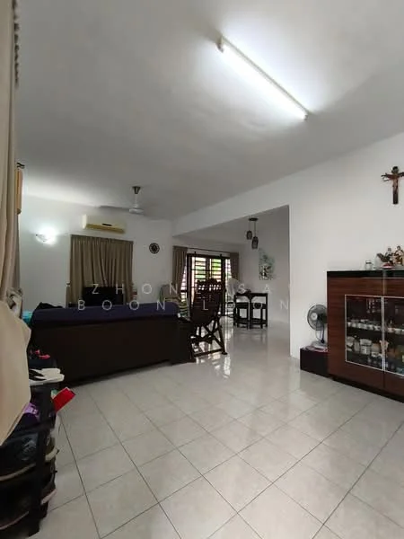 Living features: white painted walls, glossy tile flooring, 5-blade ceiling fan, sofa in dark brown, dining table with chairs, window with sheer curtains, wall-mounted decorative cross, open layout to dining area, built-in cabinet with glass doors; style: modern.