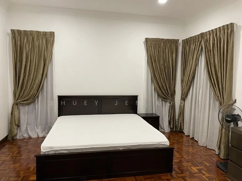 Bedroom features: queen-size bed, dark wood bed frame, dark wood bedside table, wooden flooring, white painted walls, curtains with gold accents, sheer white curtains, ceiling fan; style: modern.