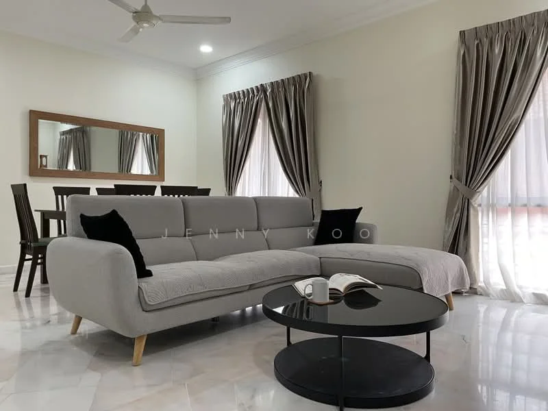Living features: L-shape sectional sofa in light grey, black throw pillows, round coffee table with black surface, marble flooring, white painted walls, ceiling fan, floor-to-ceiling windows with sheer curtains, wooden dining table with chairs visible in background, framed mirror on wall, curtains in light grey; style: modern.