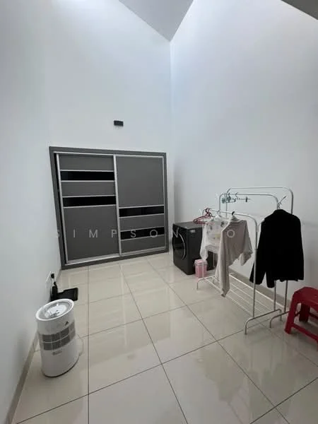 Laundry features: white painted walls, high ceiling, glossy tile flooring, built-in wardrobe with sliding doors, washing machine, clothes drying rack, plastic stool, portable air conditioner; style: modern.