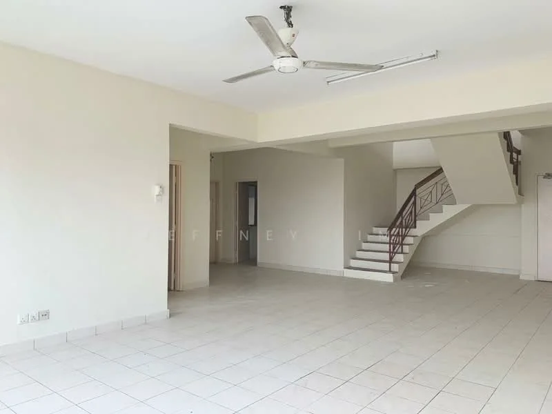 Living features: white painted walls, ceramic tile flooring, 5-blade ceiling fan, large open space, staircase with metal railing, natural light from windows, neutral color scheme, no visible furniture; style: modern. Room features: white painted walls, ceramic tile flooring, doorway leading to another room, open layout.