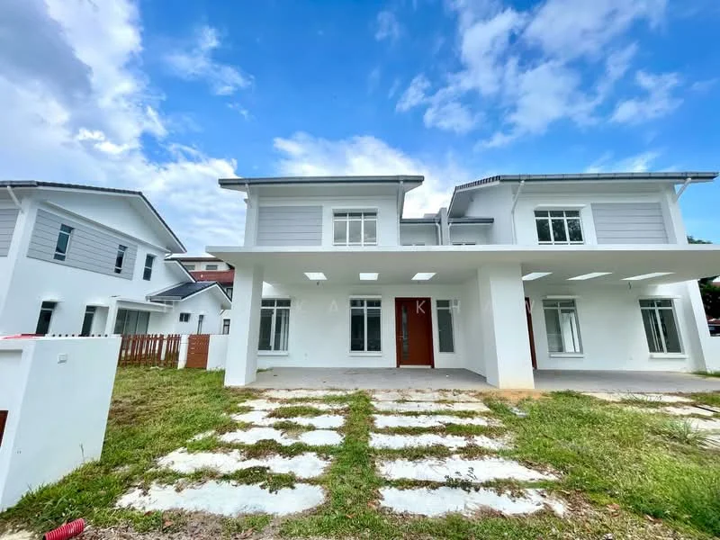 Exterior type: semi-detached house; features: white painted facade, flat roof, approximately 2-storey, manicured lawn, stone-paved walkway, driveway with interlocking pavers, large windows, covered porch, front yard, surrounded by greenery; style: modern.