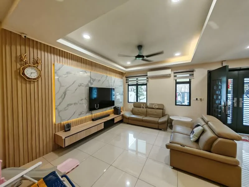 Living features: cream painted walls, wood panel accent wall, marble feature wall, floor-to-ceiling windows, sliding glass door, 3-seater leather sofa in beige, 2-seater leather sofa in beige, coffee table, TV console, wall-mounted TV, ceiling fan with light, recessed downlights, tile flooring; style: modern.