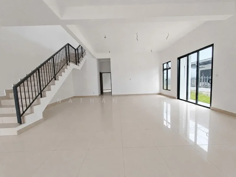 Living features: white painted walls, polished ceramic tile flooring, large floor-to-ceiling windows, sliding glass door, open layout, high ceiling, recessed downlights, staircase with metal railing; style: modern; view: garden.
