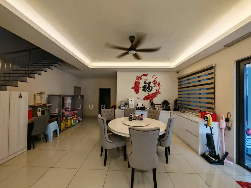 Dining features: round dining table, upholstered dining chairs, 5-blade ceiling fan with light, recessed downlights, white painted walls, tile flooring, decorative wall art, window with horizontal blinds, built-in cabinetry, open layout to living area; style: modern. Room features: staircase leading to upper floor, storage units, children's seating area.