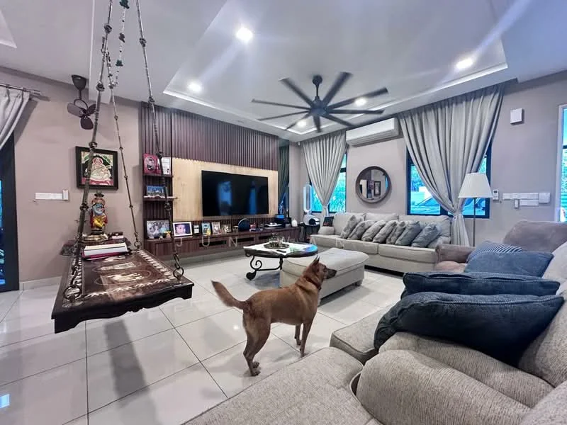 Living features: 5-blade ceiling fan with light, sofa with multiple cushions in grey, coffee table with decorative items, TV console with wall-mounted TV, wall-mounted shelving with framed photos, large windows with sheer curtains, decorative wall paneling, marble tile flooring, area rug with geometric pattern, swing seat, wall clock, decorative mirror; style: modern.