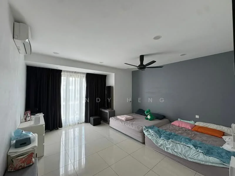 Living features: white painted walls, grey accent wall, polished tile flooring, 5-blade ceiling fan, floor-to-ceiling windows, blackout curtains, sheer curtains, TV console, two fabric sofas, decorative plush toy; style: modern.