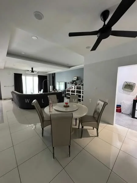 Dining features: round dining table, 4 upholstered dining chairs, white table surface, grey walls, recessed ceiling lights, 5-blade ceiling fan, large windows with black curtains, tile flooring; style: modern. Living features: L-shape sectional sofa in dark colour, TV console, wall-mounted TV, decorative shelving unit, grey walls, recessed ceiling lights, tile flooring; style: modern. Room features: doorway leading to another room, grey walls, tile flooring.