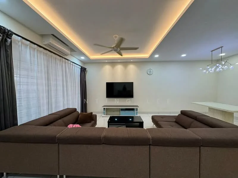 Living features: L-shape sectional sofa in brown fabric, coffee table, wall-mounted TV, TV console, 5-blade ceiling fan with light, recessed LED downlights, decorative pendant light, floor-to-ceiling windows with sheer curtains, clock on wall, light-colored walls, light-colored flooring, area rug; style: modern.