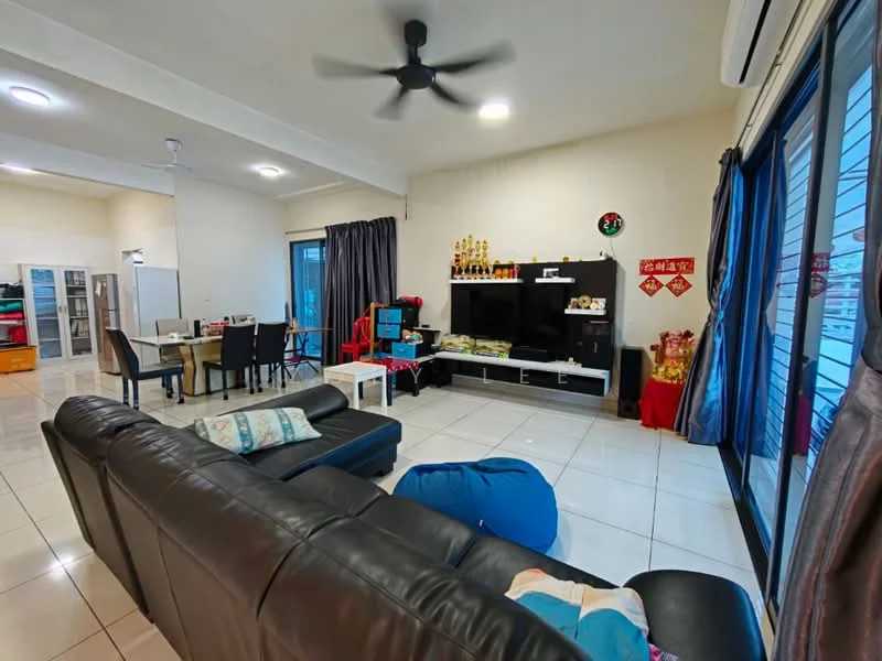 Living features: black leather sectional sofa, blue bean bag, coffee table, wall-mounted TV, TV console, decorative items on shelves, 5-blade ceiling fan with light, recessed ceiling lights, large sliding glass door, curtains, white painted walls, glossy tile flooring; style: modern; view: garden. Dining features: 6-seater dining table, black dining chairs, white cabinetry, refrigerator, open layout, tile flooring; style: modern.
