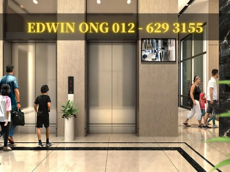 Exterior type: high-rise condominium; features: glass elevator, marble flooring, tall ceiling, modern lighting, decorative wall panels, indoor plants, security camera, elevator call buttons, large windows, open lobby area; style: modern.