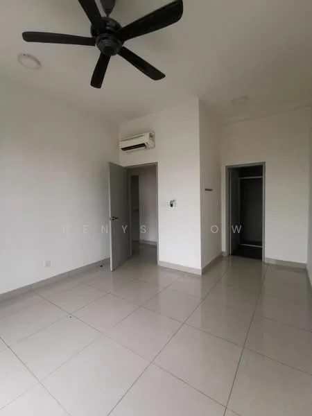 Room features: white painted walls, grey tiled flooring, 5-blade ceiling fan, wall-mounted split AC, door to closet, door to hallway, light switch, window with no visible treatment; style: modern.