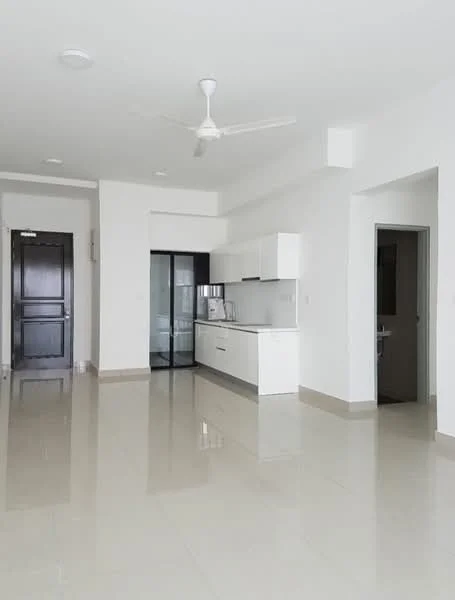 Kitchen features: white cabinetry, stainless-steel sink, chrome pull-down faucet, white countertop, built-in oven, freestanding range oven, recessed downlights, ceiling fan, sliding glass door, polished tile flooring, open layout, wall-mounted cabinets, glass backsplash; style: modern. Room features: white painted walls, polished tile flooring, ceiling fan, doorway to bathroom, doorway to hallway.
