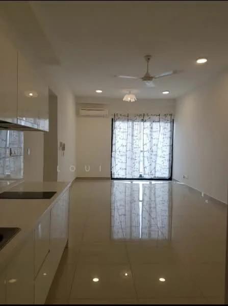 Kitchen features: white cabinetry, stainless-steel sink, built-in countertop, ceramic tile flooring, recessed downlights; style: modern. Living features: large sliding glass door, floor-to-ceiling windows, cream painted walls, ceiling fan, marble tile flooring, sheer curtains, air conditioning unit; style: modern.