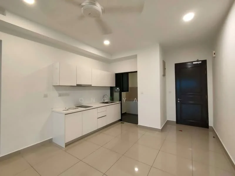 Kitchen features: white cabinetry, single-bowl stainless-steel sink, chrome pull-down faucet, white countertop, built-in oven, ceramic tile flooring, 5-blade ceiling fan with light, recessed downlights, wall-mounted cabinet, open shelving; style: modern. Room features: white painted walls, door to hallway, light switch.