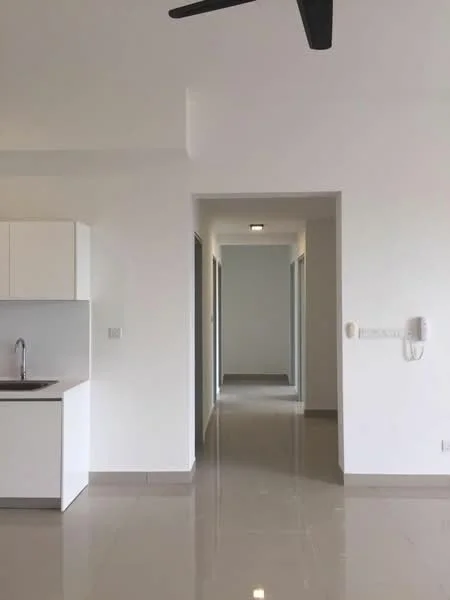 Kitchen features: white cabinetry, stainless-steel sink, single-bowl stainless-steel sink, chrome faucet, countertop with light-colored surface, open shelving, modern design; style: modern. Hallway features: glossy tile flooring, white painted walls, recessed ceiling lights, doorways leading to other rooms; style: modern.