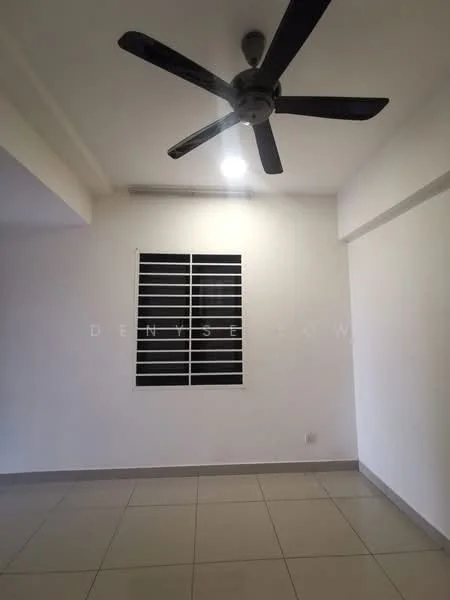 Room features: white painted walls, ceiling fan, recessed downlights, tile flooring, window with horizontal slats, neutral color scheme; style: modern.