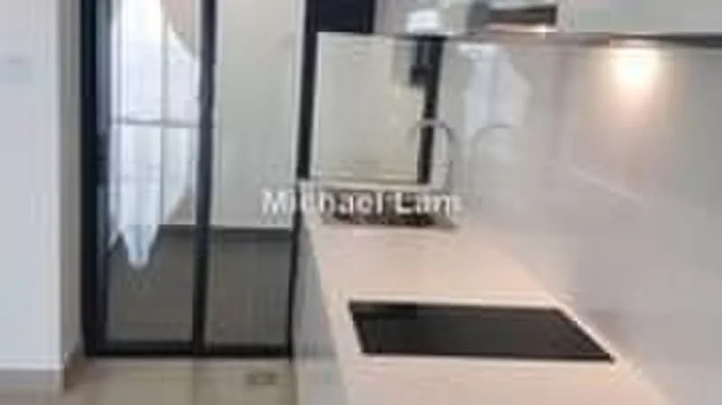 Kitchen features: white quartz countertop, stainless-steel sink, chrome pull-down faucet, built-in induction cooktop, white cabinetry, glass sliding door, tile backsplash, recessed downlights, neutral tile flooring; style: modern.