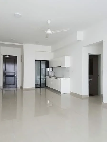 Living features: white painted walls, glossy ceramic tile flooring, 5-blade ceiling fan with light, sliding glass door, built-in white cabinetry, kitchen countertop, open layout, natural light from windows; style: modern.