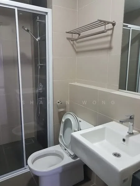 Bathroom features: white ceramic toilet, single-sink vanity with square basin, chrome faucet, glass shower enclosure, rain shower head, wall-mounted towel rack, grey tile flooring, beige tiled walls, mirror above sink; style: modern.