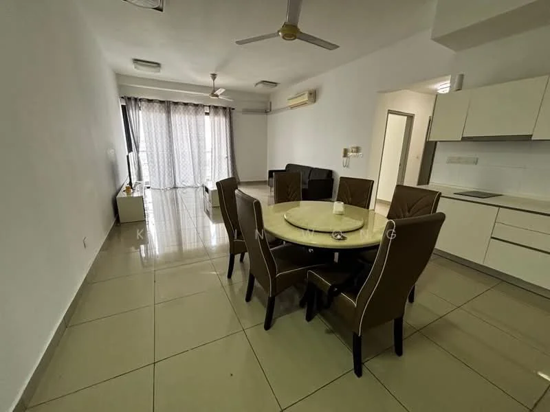 Dining features: 6-seater round dining table, upholstered dining chairs in brown, white walls, cream tiled flooring, ceiling fan, curtains with floral pattern, wall-mounted air conditioning unit, TV console, large windows with natural light; style: modern. Living features: sofa, coffee table, TV console, white walls, cream tiled flooring, ceiling fan, large windows with natural light; style: modern.