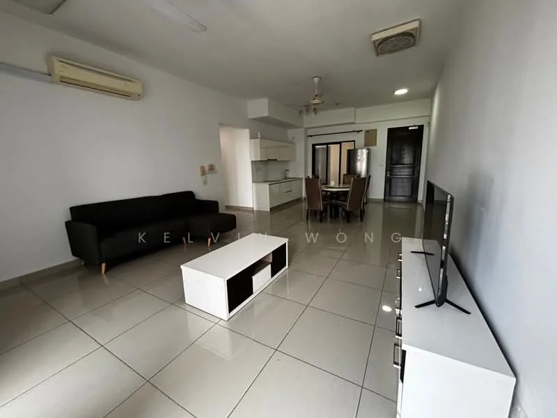 Living features: grey fabric sofa, white coffee table, wall-mounted TV, TV console, dining table with chairs, ceiling fan, air conditioning unit, tile flooring, white painted walls, large windows, open layout to kitchen, neutral decor; style: modern.