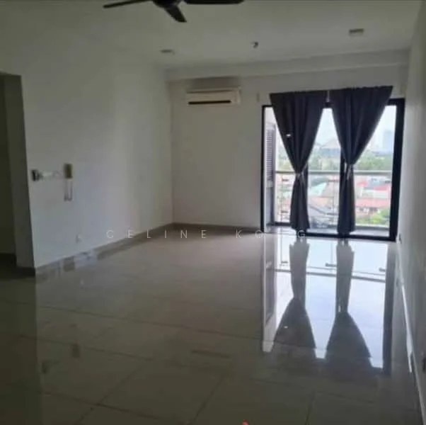 Living features: white painted walls, glossy ceramic tile flooring, 5-blade ceiling fan, floor-to-ceiling windows, sheer curtains, air conditioning unit, city view; style: modern; view: city.