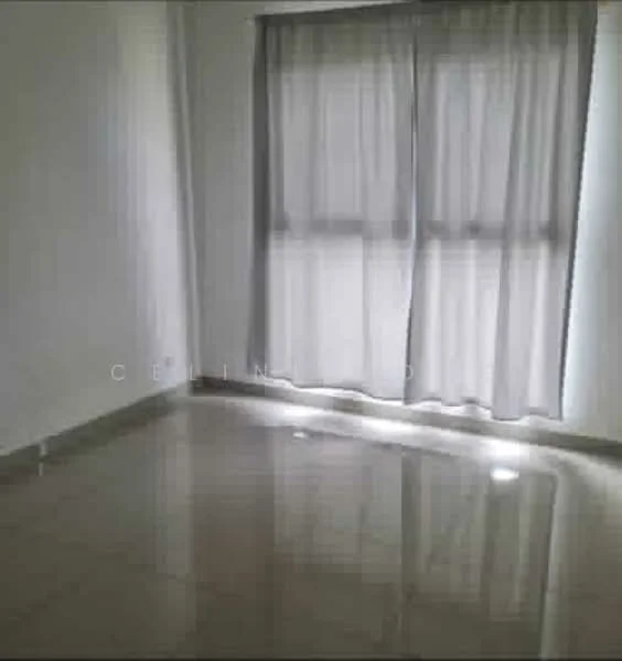 Room features: white painted walls, glossy tile flooring, floor-to-ceiling windows, sheer curtains, natural light, neutral color scheme; style: modern.