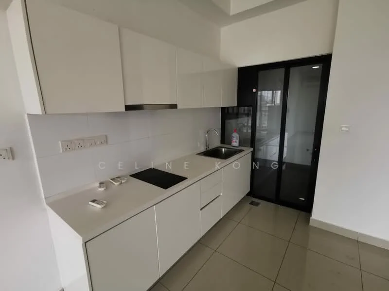 Kitchen features: white cabinetry, stainless-steel sink, chrome pull-down faucet, built-in oven, induction cooktop, black glass sliding door, white tiled backsplash, grey floor tiles, recessed downlights; style: modern.