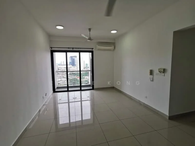 Living features: white painted walls, glossy ceramic tile flooring, 5-blade ceiling fan, sliding glass door, floor-to-ceiling windows, air conditioning unit, recessed downlights, city view; style: modern; view: city.