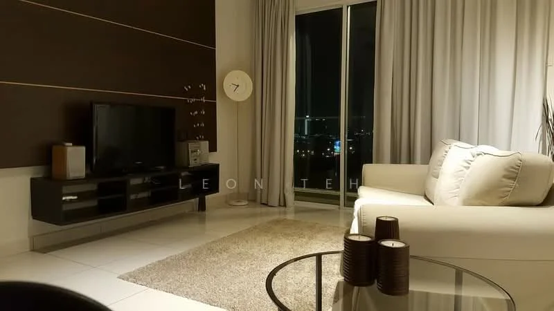 Living features: white walls, dark accent wall with horizontal lines, floor-to-ceiling windows, sheer curtains, light-colored sofa with cushions, glass coffee table, TV console in black, flat-screen TV, decorative wall clock, area rug, decorative candles; style: modern; view: city.