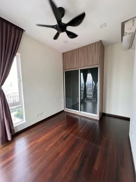 Bedroom features: dark wood flooring, white painted walls, 5-blade ceiling fan, floor-to-ceiling windows, curtains in dark purple, built-in wardrobe with sliding doors, city view, air conditioning unit; style: modern; view: city.
