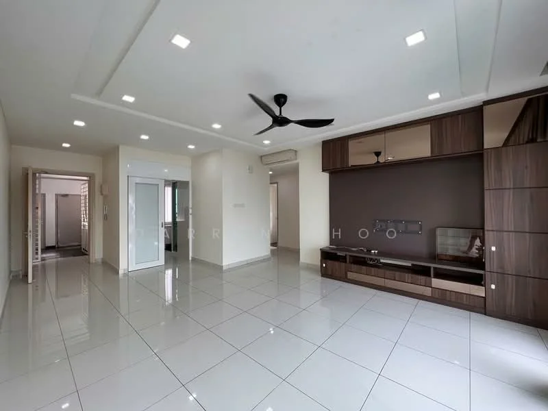 Living features: white painted walls, polished ceramic tile flooring, tray ceiling with recessed lighting, 5-blade ceiling fan, wall-mounted TV, wooden TV console, mirror panel on wall, large windows for natural light; style: modern. Room features: white painted walls, polished ceramic tile flooring, doorway leading to another room.