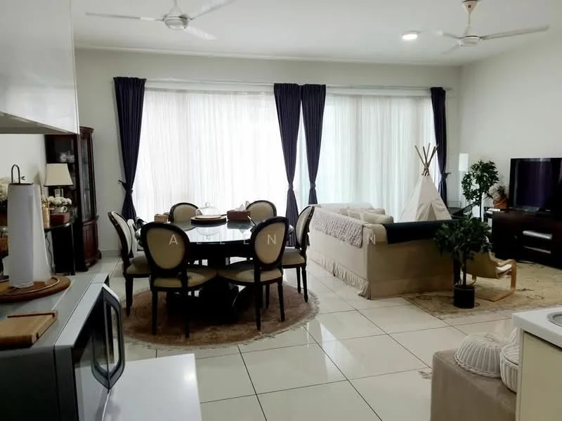 Living features: large floor-to-ceiling windows with sheer curtains, white painted walls, ceramic tile flooring, 5-blade ceiling fans, sofa in beige fabric, round dining table with 6 upholstered chairs, decorative area rug, TV console with wall-mounted TV, indoor plant, teepee play tent, wooden cabinet, decorative throw pillows; style: modern.