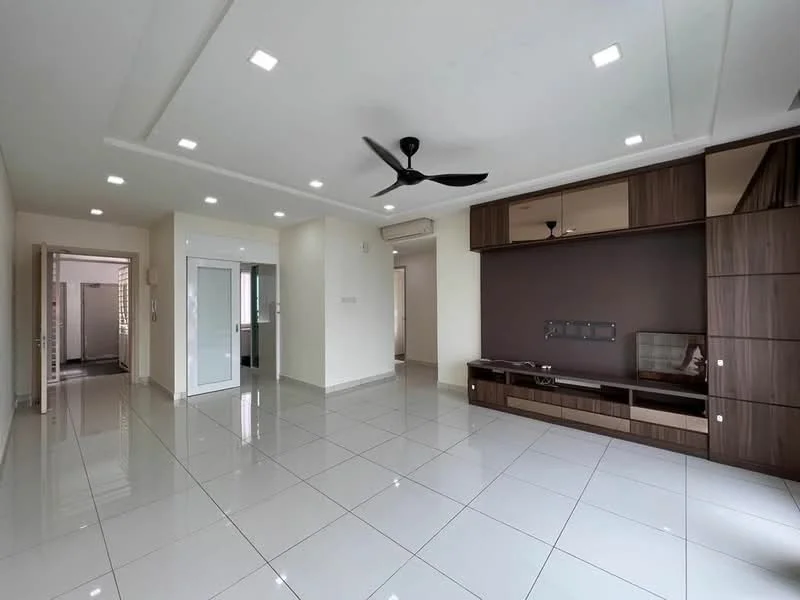 Living features: white painted walls, polished ceramic tile flooring, 5-blade ceiling fan with light, wall-mounted TV, TV console with storage, recessed downlights, large windows for natural light, neutral color scheme, open layout, mirror accents on cabinetry; style: modern. Room features: white painted walls, polished ceramic tile flooring, doorway leading to another room.