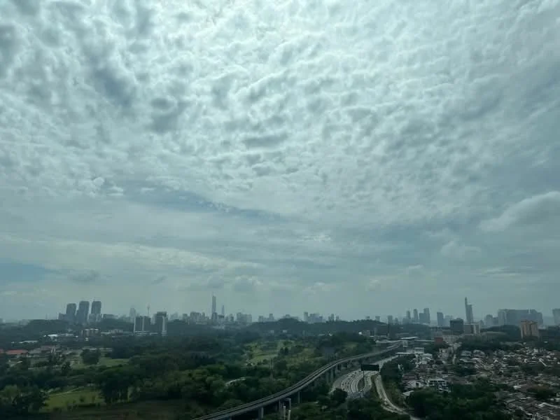 Exterior features: city skyline, highway visible, greenery in foreground, cloudy sky, urban landscape; style: modern.