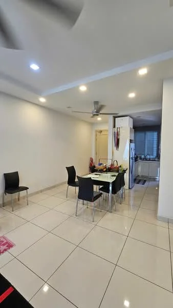 Dining features: square dining table, 4 dining chairs, 5-blade ceiling fan with light, white painted walls, glossy ceramic tile flooring, recessed downlights, open layout to kitchen, fridge visible in background; style: modern.