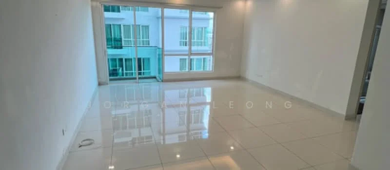 Living features: white painted walls, glossy ceramic tile flooring, floor-to-ceiling windows, sliding glass door, natural light, neutral color palette, open layout, balcony view; style: modern; view: city.
