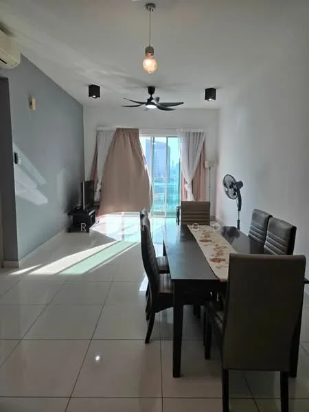 Dining features: 6-seater dining table, upholstered dining chairs, pendant light, 5-blade ceiling fan with light, floor-to-ceiling windows, curtains, wall-mounted TV, white painted walls, glossy tile flooring, air conditioning unit; style: modern; view: city. Living features: sofa, coffee table, TV console; style: modern; view: city.