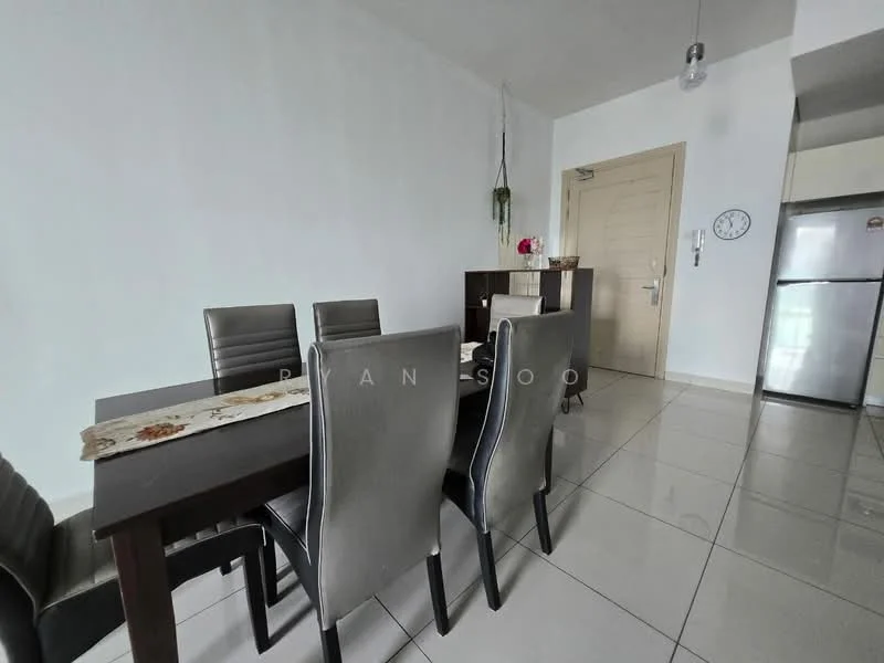 Dining features: 6-seater dining table, upholstered dining chairs in grey, white painted walls, glossy ceramic tile flooring, pendant light fixture, clock on wall, fridge, wooden sideboard, decorative plant; style: modern.