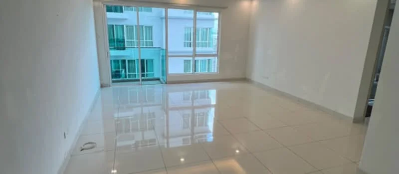 Living features: white painted walls, glossy ceramic tile flooring, floor-to-ceiling windows, sliding glass door, natural light, neutral color scheme, open layout, no visible furniture; style: modern; view: city.
