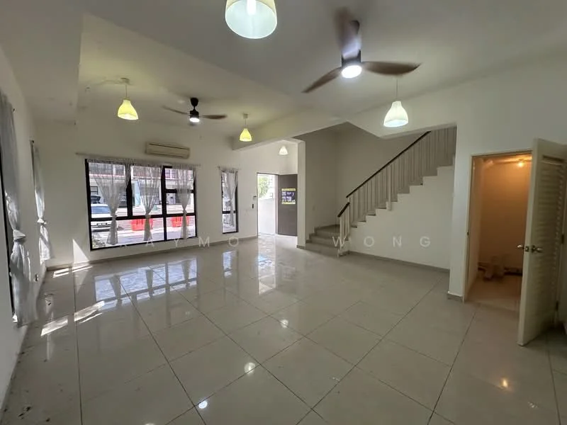Living features: white painted walls, glossy ceramic tile flooring, 2 ceiling fans, 3 pendant lights, large windows with sheer curtains, staircase leading to upper floor, air conditioning unit, open layout; style: modern. Room features: doorway leading to bathroom, neutral wall color, light switch.