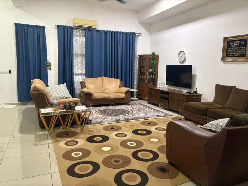Living features: cream leather sofa, brown leather armchair, 3-seater fabric sofa in beige, coffee table with gold legs, area rug with circular pattern, wooden TV cabinet, wall-mounted TV, decorative wall clock, framed artwork, blue curtains, white painted walls, tile flooring; style: contemporary.